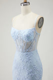 Blue Mermaid Appliqued Corset Prom Dress With Slit