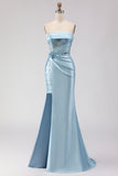 Strapless Blue Sequin Mermaid Satin Prom Dress With Slit