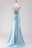Strapless Blue Sequin Mermaid Satin Prom Dress With Slit