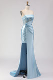 Strapless Blue Sequin Mermaid Satin Prom Dress With Slit