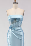 Strapless Blue Sequin Mermaid Satin Prom Dress With Slit