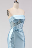 Strapless Blue Sequin Mermaid Satin Prom Dress With Slit