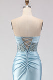 Strapless Blue Sequin Mermaid Satin Prom Dress With Slit