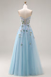 Blue Strapless A Line Corset Sequin Prom Dress with Appliques