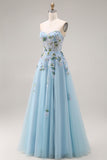 Blue Strapless A Line Corset Sequin Prom Dress with Appliques