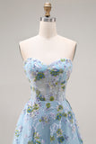 Blue Strapless A Line Corset Sequin Prom Dress with Appliques