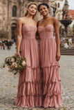 Watermelon A-Line Tiered Strapless Bridesmaid Dress