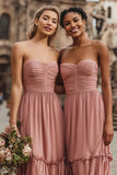 Watermelon A-Line Tiered Strapless Bridesmaid Dress