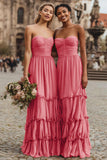 Watermelon A-Line Tiered Strapless Bridesmaid Dress