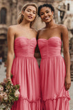 Watermelon A-Line Tiered Strapless Bridesmaid Dress