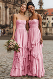 Blush A-Line Ruched Strapless Bridesmaid Dress With Ruffles