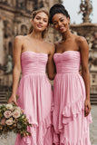 Blush A-Line Ruched Strapless Bridesmaid Dress With Ruffles