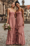 Blush A-Line Ruched Strapless Bridesmaid Dress With Ruffles