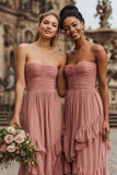 Blush A-Line Ruched Strapless Bridesmaid Dress With Ruffles