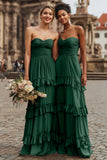 Strapless Dark Green Ruched Tiered Ruffled A-Line Bridesmaid Dress