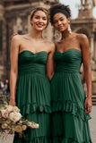 Strapless Dark Green Ruched Tiered Ruffled A-Line Bridesmaid Dress