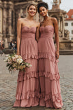 Strapless Dark Green Ruched Tiered Ruffled A-Line Bridesmaid Dress
