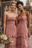 Strapless Dark Green Ruched Tiered Ruffled A-Line Bridesmaid Dress