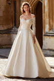 Off The Shoulder Ivory Lace Long Sleeve Bridal Gown Dress