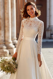 Ivory A-Line High Neck Modest Wedding Dress With Lace
