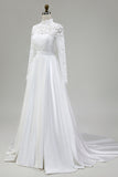Modest Ivory A-Line High Neck Long Sleeve Wedding Dress With Lace
