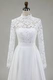 Modest Ivory A-Line High Neck Long Sleeve Wedding Dress With Lace