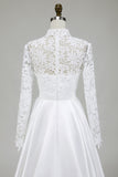 Modest Ivory A-Line High Neck Long Sleeve Wedding Dress With Lace