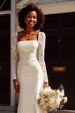 Mermaid Ivory Suqare Neck Lace Long Sleeve Wedding Dress
