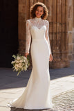 Modest Ivory Mermaid High Neck Wedding Dress With Lace