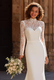 Modest Ivory Mermaid High Neck Wedding Dress With Lace