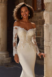 Elegant Mermaid Off The Shoulder Ivory Satin Wedding Dress with Lace