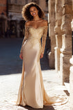 Champagne Mermaid Off The Shoulder Lace Wedding Dress