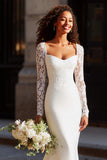 Mermaid Square Neck White Long Sleeve Wedding Dress with Lace