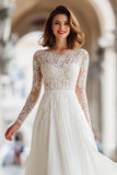 Ivory A-Line Long Sleeve Wedding Dress With Lace Appliques