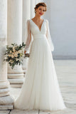 White V-Neck A-Line Long Sleeve Wedding Dress