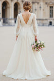 White V-Neck A-Line Long Sleeve Wedding Dress