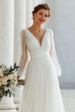 White V-Neck A-Line Long Sleeve Wedding Dress