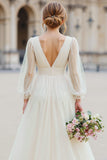 White V-Neck A-Line Long Sleeve Wedding Dress