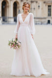 White V-Neck A-Line Long Sleeve Wedding Dress
