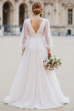 White V-Neck A-Line Long Sleeve Wedding Dress