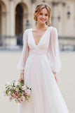 White V-Neck A-Line Long Sleeve Wedding Dress