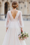White V-Neck A-Line Long Sleeve Wedding Dress