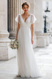 Ivory V-Neck A-Line Tulle Wedding Dress