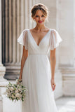 Ivory V-Neck A-Line Tulle Wedding Dress