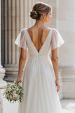 Ivory V-Neck A-Line Tulle Wedding Dress