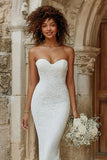 Lace Strapless Mermaid Ivory Wedding Dress With Sweep Train