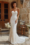 Ivory Strapless Corset Mermaid Lace Wedding Dress With Sweep Train