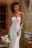 Ivory Strapless Corset Mermaid Lace Wedding Dress With Sweep Train