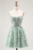 Dusty Sage Corset A Line Sequin Tulle Strapless Homecoming Dress