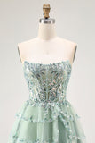 Dusty Sage Corset A Line Sequin Tulle Strapless Homecoming Dress